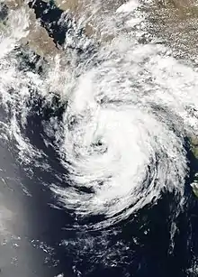 Satellite image of Tropical Storm Bud approaching the Baja California Peninsula on June 14