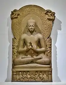 Seated Buddha; circa 475; sandstone; height: 1.6 m; Sarnath Museum (India)