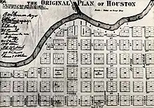 The "Original Plan of Houston" shows a city hugging Buffalo Bayou with space reserved for a courthouse, churches, and schools. (1869)