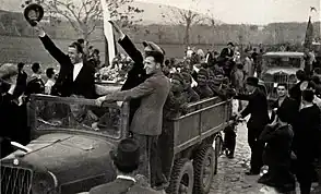 Bulgarian invasion in Vardar Banovina, April 1941. Bulgarians were greeted as liberators. The local communists then joined the BCP and refused any military actions against the Bulgarians. After the war, the Macedonian communist authorities did a lot to equate the term Bulgarian with "fascist occupier".