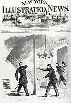 Union Gen. Jefferson C. Davis shoots Union Gen. William "Bull" Nelson at the first Galt House in 1862.