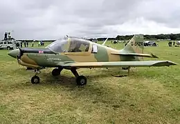 Privately owned Scottish Aviation Bulldog, formerly of the Botswana Air Force and in their colours, at an English rally in 2005.