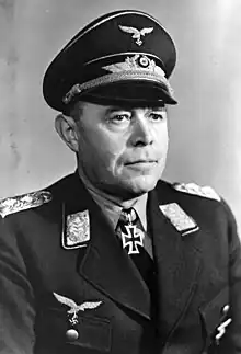 Portrait of Albert Kesselring, a uniformed Nazi German air force general in his 50s commanding Luftflotte 2