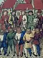 Citizens of Zürich on 1 May 1351 are read the Federal Charter as they swear allegiance to representatives of Uri, Schwyz, Unterwalden and Lucerne. One of the representatives carries a typical Swiss halberd of the period depicted (as opposed to the time the image was made, 1515).