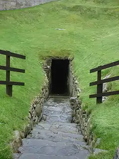 Steep stones steps lead down to a dark and narrow entrance cut into the side of a grassy hill. Dark wooden railings have been placed either side of the steps.