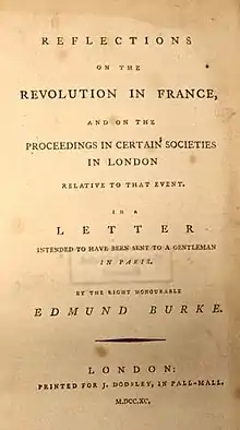 Page reads "Reflections on the Revolution in France, and on the Proceedings in Certain Societies in London Relative to that Event. In a Letter Intended to have been sent to a Gentleman in Paris. By the Right Honourable Edmund Burke. London: Printed for J. Dodsley, in Pall-Mall. M.DCC.XC."