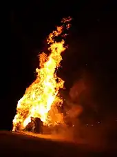 Wicker man on fire at the Archaeolink Prehistory Park, Oyne, Aberdeenshire, Scotland