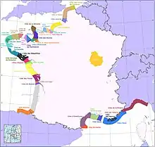 Map of the "Côtes" (coastal names) of France.