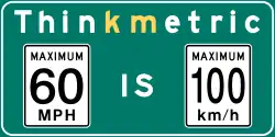 This sign is posted after the Canada–US border to remind US drivers that Canada uses the metric system.The imperial speed limit (left) is a BC-style sign, rather than an MUTCD-standard one as would be used in the US.