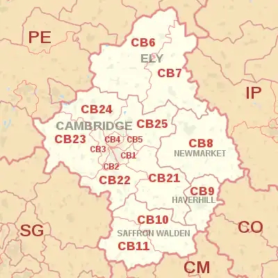 CB postcode area map, showing postcode districts, post towns and neighbouring postcode areas.