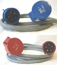 Two power cables, each with a 3P+N+E plug at one end, and a matching socket at the other end. The upper cable has blue connectors; the lower cable has red connectors.