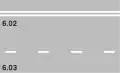 6.02 Double security strip (white, solid) & 6.03 Directing strip (white, broken)6.02 separates driving directions on roads with 3 or more lanes (or expressways); crossing, traversing, or passing over it by vehicles is strictly prohibited6.03 designates either centre of carriageway on two-lane roads, or separates lanes; crossing, traversing, passing over for overtaking is allowed; any change of lanes or overtaking manoeuvres (start and end) must always be indicated by flashing turn indicators!