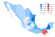 Percentage of increase or decrease of new cases by state by week (as of August 11, 2020[update])