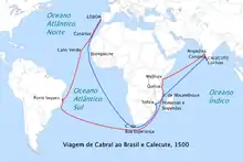 The route followed by Cabral to India in 1500 (in red) and the return route (in blue)