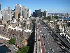 Southern approach of the Sydney Harbour Bridge with The Rocks to the left