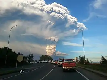 View of the eruption column of Calbuco Volcano from Puerto Varas, Chile, on April 22, 2015.