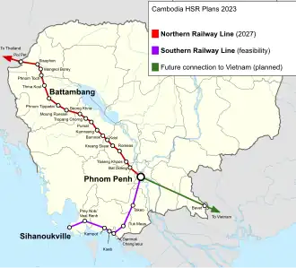 Color-coded rail map of Cambodia