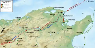 a terrain map of northern Tunisia, with the manoeuvres of Scipio's army in 204–203 BC superimposed on it