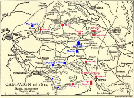 Black and yellow map of the Campaign of 1814 in 1:2,000,000 scale with troop positions added