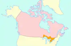 Map of Upper Canada (orange) with 21st-century Canada (pink) surrounding it