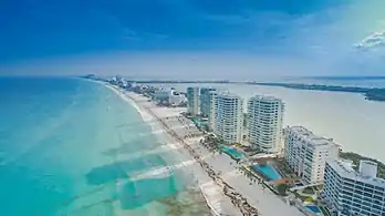 Aerial photograph of Cancun beach and buildings