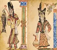 Contemporary Armenian costume, with tall sharbush hat and kaftans, in the Haghbat Gospel (1211).