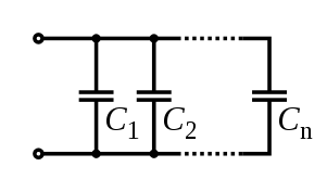 A diagram of several capacitors, side by side, both leads of each connected to the same wires.