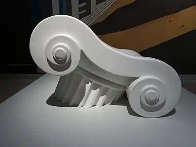 Postmodern reinterpretation of the Ionic column as the Capitello seating, designed by Studio 65 and produced by Gufram, differentiated-density polyurethane foam coated with latex rubber, 1972, unknown location