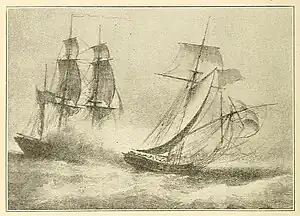 Pencil drawing of a battle between two ships