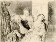 Interior scene of an older man and younger woman sitting next to each other asleep, as an older woman covers the man's head.