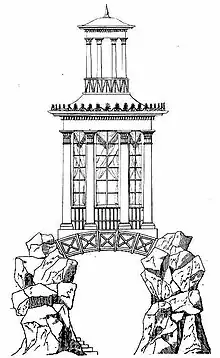 line drawing of table decoration in a shape based on an ancient Greek construction