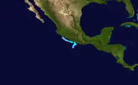 Map plotting the track and the intensity of the storm, according to the Saffir–Simpson scale