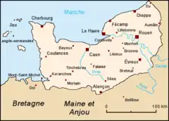 A map of the Duchy of Normandy, showing the location of Caen