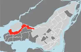 Location of Pierrefonds-Roxboro on Island of Montreal.  (Gray areas indicate demerged municipalities).