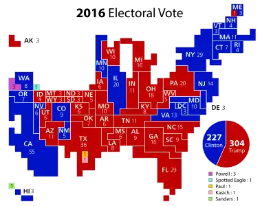 A discretized cartogram of the 2016 United States presidential election using squares