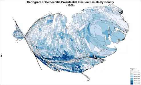 Cartogram of Democratic presidential election results by county