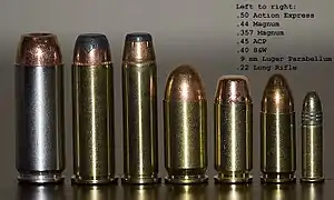 From left to right: .50 Action Express, .44 Magnum, .357 Magnum, .45 ACP, .40 S&W, 9mm Luger, .22 Long Rifle