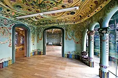 Art Nouveau festoons on the walls and columns of a room in the Casa Comalat, Barcelona, Spain, by Salvador Valeri i Pupurull, 1911