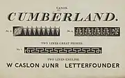 Specimen by William Caslon IV showing his Two Lines English Egyptian sans-serif, the first general-purpose "sans-serif" printing type ever. Cut in only one size, it was apparently not promoted with any prominence.