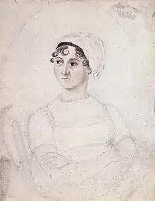 Pencil sketch of a woman wearing early 19th-century clothing and a cap with a few curls emerging seated in a chair.