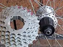 Matching splines of a bicycle cassette and freehub with a master spline visible at the top