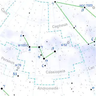 η Cassiopeiae is located in the constellation Cassiopeia