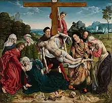 Descent from the Cross, Rogier van der Weyden's figures (Prado), given a landscape background.