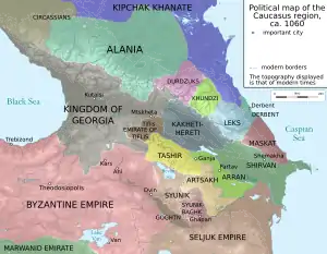 Political map of the Caucasus region, with the various countries labelled and depicted in different colours