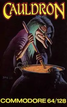 Artwork of a vertical rectangular box. The top portion reads "Cauldron" and the bottom portion reads "Commodore 64/128". Depicted behind a black background is a witch with long green hair and a long pointed nose. The witch uses a stick to stir a liquid in a black cauldron.