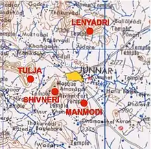 Location of Buddhist caves, including Shivneri Caves, around the city of Junnar.