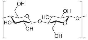 Cellulose, a linear polymer of D-glucose units (two are shown) linked by β(1→4)-glycosidic bonds