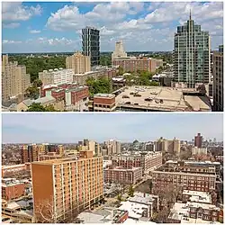 Top: The Central West End's most prominent buildings as seen from Barnes-Jewish Hospital.Bottom: The Central West End seen from the Parc Frontenac apartment building.