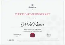 Digital copy of the certificate of ownership of the 1c Magenta postage stamp. This certifies that the hold fractional ownership of the item.