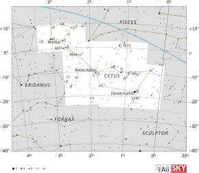 Diagram showing star positions and boundaries of the Cetus constellation and its surroundings